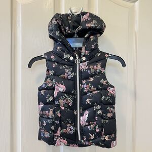 H&M Black Floral Unicorn Bunny Birds Hooded Puffer Vest Woodland Girls Size 2T